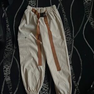 Woman's Beige Cargo Pants with Brown Belt